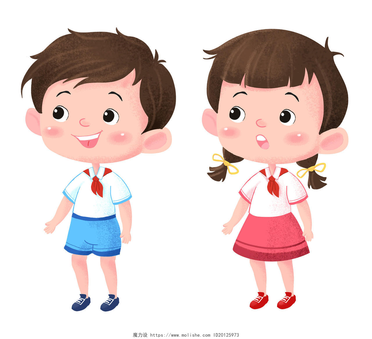 小人开学中国少先队员儿童卡通女孩男孩学生